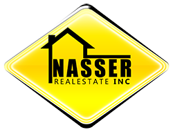 A yellow and black logo for nasser real estate inc.